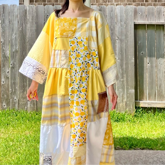 Earth-Toned | Handmade Quilted Patchwork Dress SKU 05216 One Size Fits All - Picture 7 of 8